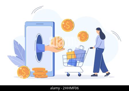 Vektordarstellung „Cashback-Rückerstattung“ oder „finanzielle Einsparungen“. Hand vom Smartphone geben Sie Frau Geld zurück für Online-Kauf. Mädchen mit Einkaufswagen erhalten Bonus goldene Münzen und Belohnung. Stock Vektor