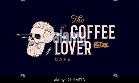 Schädelmensch. Poster von Vintage Totenkopf Mann, Hipster Label, Portrait Mann. Retro Old School Illustration mit Text Coffee Lover, Logo Label für Coffee Shop, Café, Bar Thema. Vektorgrafik Stock Vektor