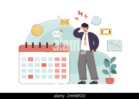 Müder Arbeitnehmer mit Arbeitsprobleme, Burnout und niedrigem Akkustand. Erschöpfter Geschäftsmann überfordert. Stressiger Job mit Termin, Multitasking. Ermüdete Büroangespannte. Stock Vektor