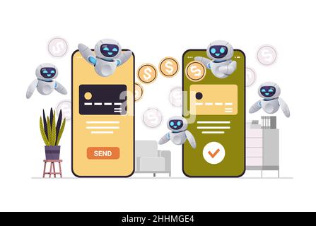 Chatbots senden oder empfangen Dollar-Münzen über Smartphones Geldtransfer Zahlung finanzielle Transaktionen künstliche Intelligenz Stock Vektor