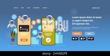 Chatbots senden oder empfangen Dollar-Münzen über Smartphones Geldtransfer Zahlung finanzielle Transaktionen künstliche Intelligenz Stock Vektor