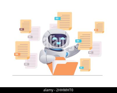 Roboter Sortierung Dokumente Roboter Charakter Organisation Ordner Datei Management Papierkram Daten Archiv künstliche Intelligenz Stock Vektor