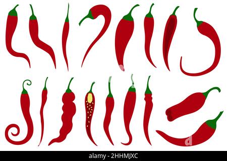 Gruppe von verschiedenen roten Chilischoten auf weiß isoliert Stockfoto