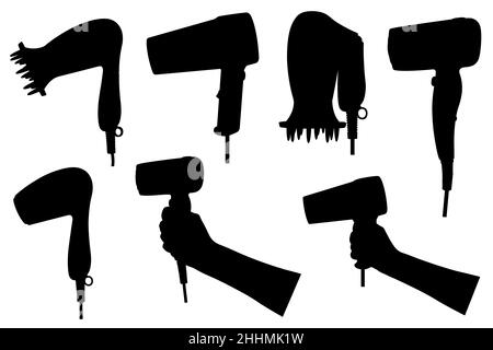 Set von verschiedenen Haartrocknern isoliert auf weiß Stockfoto