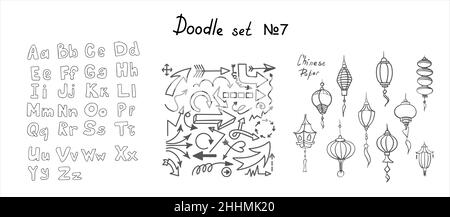 Doodle Vektorpfeile, Satz chinesischer Papierlaternen. Handgezeichnete Business-Symbole. Skizzierende Illustration für Schule, Präsentation. Flache Ikonen orientalisch Stock Vektor