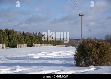 Winterlandschaft mit schneebedeckten Feldern und elektrischen Masten. Stockfoto