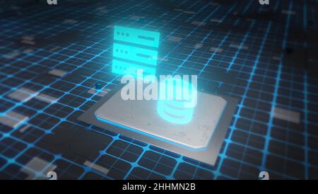 Remote Storage, Cloud Computing, Netzwerk-Datenserver und Computertechnik Konzept, metallische Datenbank auf blauem Hintergrund mit digitalem Code Stockfoto