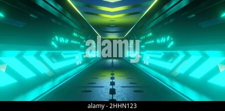 Eleganter leerer Flur Korridor Raum Garage Studio Dance Leuchtende futuristische Beleuchtung mit hellgrünen Farben Alien Futuristisches Konzept 3D Illustration Stockfoto