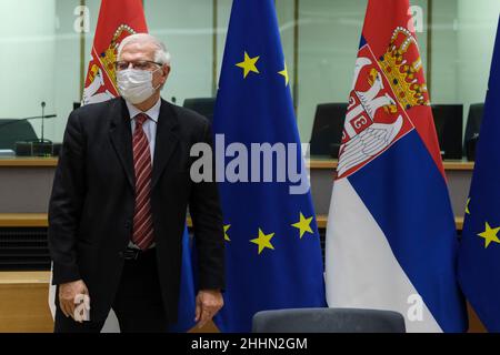 Brüssel, Belgien. 25th Januar 2022. Der hohe Vertreter der EU, Josep Borrell, während eines Treffens des Stabilisierungs- und Assoziationsrates der EU in Brüssel, Belgien. 25th Januar 2022. Kredit: ALEXANDROS MICHAILIDIS/Alamy Live Nachrichten Stockfoto