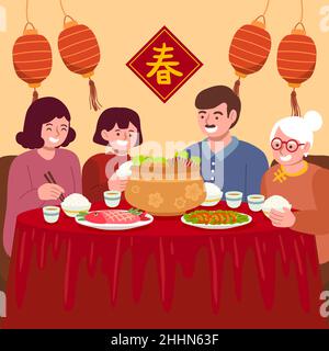 Flaches chinesisches Neujahr Reunion Dinner Essen Illustration Vektor Illustration. Stock Vektor