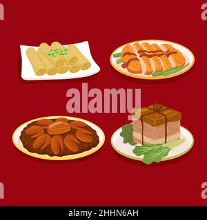 Flat chinese Neujahr Reunion Dinner Food Set Vektor-Illustration. Stock Vektor