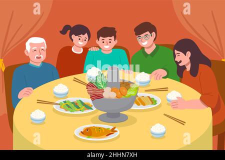 Flaches chinesisches Neujahr Reunion Dinner Essen Illustration Vektor Illustration. Stock Vektor
