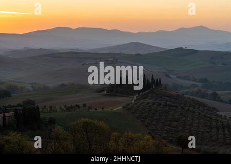 Ein Blick auf ein wunderschönes hügeliges toskanisches Feld im goldenen Morgenlicht mit einem Zypressenbauernhof und Heuballen in Italien. Val d'Orcia Stockfoto