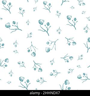 Moderne abstrakte wilde Wiese Blume nahtlose Vektor-Muster Hintergrund. Hintergrund im Kunstlino-Druck mit verstreuten aquablauen Blüten, Stielen und Blättern Stock Vektor
