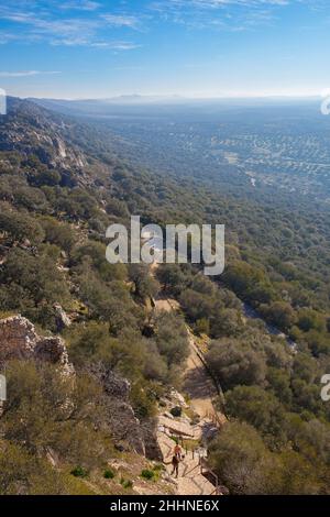 Nationalpark Monfrague, Caceres, Extremadura, Spanien. Besucher, die die Burgtreppe hinuntersteigen Stockfoto