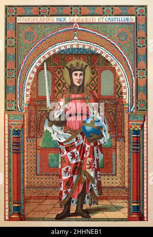 Ferdinand III. Von Kastilien (1199/1201-1252), König von Kastilien, Leon & Galicien Spanien.Chromolithographie von 1887 Ausgabe von Butlers Leben der Heiligen. Stockfoto