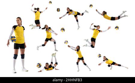 Foto-Set von jungen weiblichen Volleyballspielerin in Aktion und Bewegung isoliert auf weißem Hintergrund. Sport, gesunder Lebensstil, Bewegung, Werbung. Stockfoto