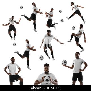 Collage aus Aufnahmen eines afrikanischen Fußballprofi mit Ball in Bewegung, Action isoliert auf weißem Studiohintergrund. Stockfoto