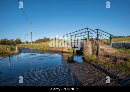 Überschwemmungen auf einer Landstraße durch die Landschaft im Dorf Forth Lanarkshire Stockfoto