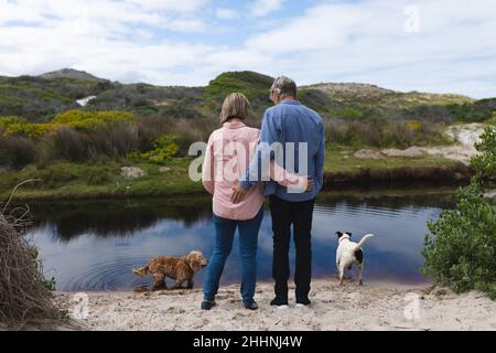 Rückansicht des kaukasischen reifen Paares, das am Wochenende mit Hunden auf Sand am Seeufer steht. Zusammengehörigkeit, Wochenende und Naturkonzept. Stockfoto