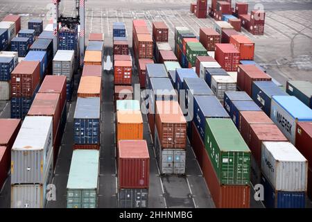 Verstaute Container in einer Reihe von verschiedenen Spediteuren auf dem Pier des Containerfrachtterminals. Stockfoto