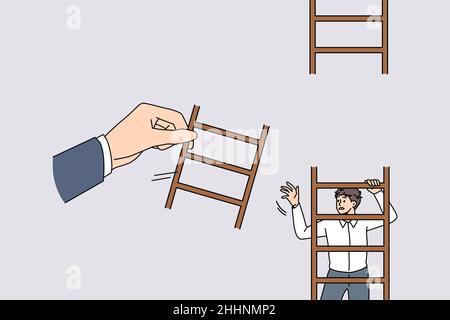 Helfende Hand und Supportkonzept. Menschliche Hand hilft jungen Geschäftsmann geben fehlende Stück Leiter für das Klettern Ziele Ziele erreichen Vektor Illustration Stock Vektor