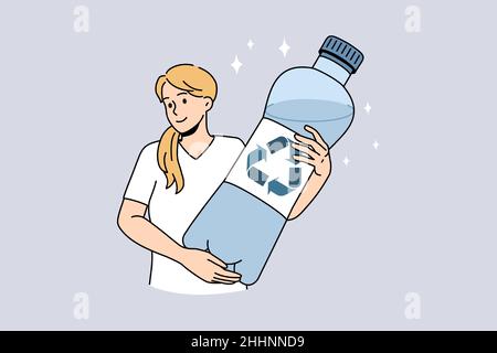 Reinwasser- und Recyclingkonzept. Junge positive blonde Frau steht und hält riesige Flasche reines Trinkwasser mit Recycling Ökologie Zeichen Vektor-Illustration Stock Vektor