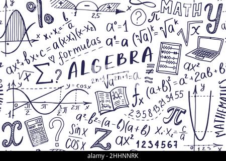 Symbolsatz für mathematische Symbole. Algebra oder Mathematik Thema Doodle Design. Bildungs- und Studienkonzept. Zurück zur Schule Hintergrund für Notebook, nicht Pad Stock Vektor