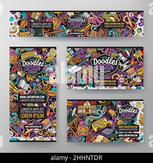 Cartoon Vektor Doodle Satz von Schule Corporate Identity Vorlagen. Bunte lustige Banner, id-Karten, Flayer für den Einsatz auf Branding, Einladungen, Karten Stock Vektor