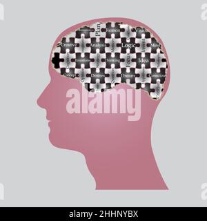 Menschliches Gehirn als Puzzleteile mit mentalen Merkmalen, die die Person erschaffen. Vektorgrafik Stock Vektor