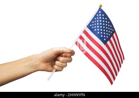 Weibliche Hand hält amerikanische Flagge isoliert auf weißem Hintergrund, Vorlage für Designer Stockfoto