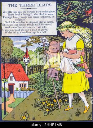 Die drei Bären illustriert von Walter Crane 1873. Veröffentlicht in London von George Routledge and Sons. „Goldilocks and the Three Bears“ (ursprünglich „The Story of the Three Bears“ genannt) ist ein britisches Märchen aus dem 19th. Jahrhundert, von dem drei Versionen existieren. Die Originalversion der Geschichte erzählt von einer nicht so höflichen alten Frau, die das Waldhaus von drei Jungbären betreten, während sie weg sind. Sie sitzt auf ihren Stühlen, isst etwas von ihrer Suppe, setzt sich auf einen ihrer Stühle und bricht sie ab und schläft in einem ihrer Betten. Als die Bären zurückkehren und sie entdecken, wacht sie auf, springt aus dem Wind Stockfoto