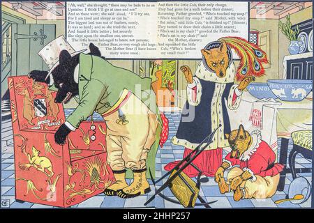 Die drei Bären illustriert von Walter Crane 1873. Veröffentlicht in London von George Routledge and Sons. „Goldilocks and the Three Bears“ (ursprünglich „The Story of the Three Bears“ genannt) ist ein britisches Märchen aus dem 19th. Jahrhundert, von dem drei Versionen existieren. Die Originalversion der Geschichte erzählt von einer nicht so höflichen alten Frau, die das Waldhaus von drei Jungbären betreten, während sie weg sind. Sie sitzt auf ihren Stühlen, isst etwas von ihrer Suppe, setzt sich auf einen ihrer Stühle und bricht sie ab und schläft in einem ihrer Betten. Als die Bären zurückkehren und sie entdecken, wacht sie auf, springt aus dem Wind Stockfoto