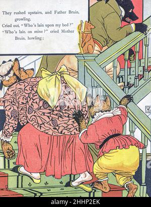 Die drei Bären illustriert von Walter Crane 1873. Veröffentlicht in London von George Routledge and Sons. „Goldilocks and the Three Bears“ (ursprünglich „The Story of the Three Bears“ genannt) ist ein britisches Märchen aus dem 19th. Jahrhundert, von dem drei Versionen existieren. Die Originalversion der Geschichte erzählt von einer nicht so höflichen alten Frau, die das Waldhaus von drei Jungbären betreten, während sie weg sind. Sie sitzt auf ihren Stühlen, isst etwas von ihrer Suppe, setzt sich auf einen ihrer Stühle und bricht sie ab und schläft in einem ihrer Betten. Als die Bären zurückkehren und sie entdecken, wacht sie auf, springt aus dem Wind Stockfoto