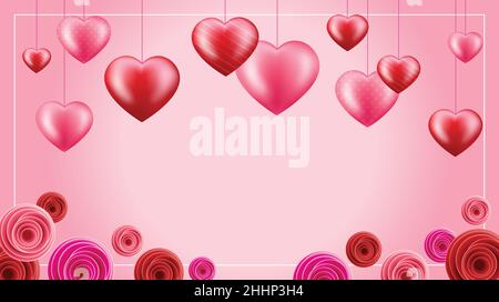Valentinstagsbanner, Karte, Hintergrund, Tapetendesign. Rosa und rote Rosen und Herzen. Stock Vektor