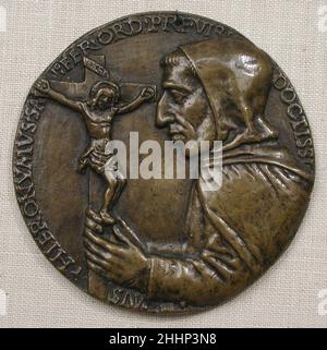 Girolamo Savonarola (1452–1498) Medaillengewinnerin des späten 15th. Jahrhunderts: Niccolò Fiorentino (Niccolò di Forzore Spinelli) Italienisch Niccolò wurde in eine Familie florentinischer Goldschmiede geboren und zählt zu den führenden Porträtmedaillengewinnerinnen der italienischen Renaissance. Er arbeitete in Hochrelief und schuf Bildgestalter, die mutiger im Maßstab, vielfältiger und unverblümter realistisch sind als alles, was früher produziert wurde. Girolamo Savonarola (1452–1498). Italienisch. Ende 15th. Jahrhundert. Bronze. Medaillen und Plaquettes Stockfoto