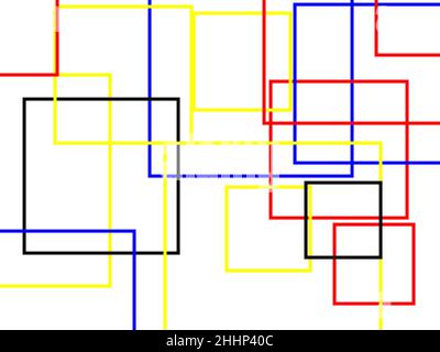 Abstrakte minimalistische rot-gelb-grau-blaue Illustration mit Quadraten und weißem Hintergrund Stockfoto
