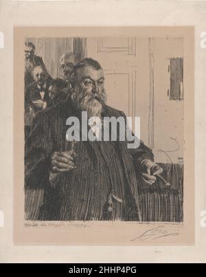 A Toast II 1893 anders Zorn Schwedisch Harold Wieselgren gibt einen Toast. Hinter ihm befinden sich von rechts nach links A. E. Nordenskiöld, C. F. Wæern, Axel Key und Hans Hildebrand. Die Radierung basiert auf einem Ölgemälde im Nationalmuseum, Stockholm. Ein Toast II. Anders Zorn (Schwedisch, Mora 1860–1920 Mora). 1893. Ätzung; fünfter Zustand von fünf (Asplund). Harald Ossian Wieselgren (Schwedisch, 1835–1906). Ausdrucke Stockfoto