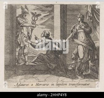 Platte 20: Quecksilber, das Aglauros zu Stein macht (Aglauros a Mercurio in lapidem transformatur), aus Ovids 'Metamorphosen' 1606 Antonio Tempesta Italienisch. Platte 20: Quecksilber, das Aglauros zu Stein macht (Aglauros a Mercurio in lapidem transformatur), aus Ovids 'Metamorphosen'. Antonio Tempesta (Italienisch, Florenz 1555–1630 Rom). 1606. Radierung. Ausdrucke Stockfoto