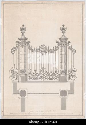 Entwurf für das gusseiserne Tor von Schloss ‘s-Gravenwezel (Belgien) 1742 oder nach Jan Pieter van Baurscheidt der Jüngere Entwurf für eines der Eingangstore zum mittelalterlichen Schloss ‘s-Gravenwezel vom Bildhauer und Architekten Jan Pieter van Baurscheidt der Jüngere. Auf dem Blatt ist eine Frontansicht des Tores und sein Grundriß zu sehen, der seine Konstruktion aus zwei Steinsäulen, die von Vasen und gusseisernen Zaun gekrönt sind und alle mit Rocaille-Ornamenten verziert sind, detailliert darstellt. Unterhalb des Grundrisses wurde eine Skala hinzugefügt, die von der Inschrift ‘Schaele van 21 voeten Antwerpsche Maete’ (SCA Stockfoto