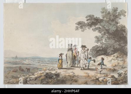 Blick auf London mit St. Paul's in the Distance: A Family pausing on a Road 1787 Julius Caesar Ibbetson Dieses Aquarell ist ein Paar und zeigt eine wohlhabende Familie, die schönes Wetter auf einem Hügel in Kilburn, nordwestlich von London, genießt. Jenseits der Figuren grasen Kühe vor einer Aussicht, die von der Kuppel der St. Paul's Cathedral unterbrochen wird, mit dem Fluss in der Mitte, einem Nebenfluss der Themse, der von Hampstead in Richtung Hyde Park verläuft. In diesem schönen frühen Beispiel von Ibbestons Arbeit verbindet sich der sichere Umgang mit Linie mit zarten Aquarellen in einer Weise, die Bewunderung für Paul Sand zeigt Stockfoto