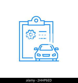 Technische Fahrzeuginspektion - modernes blaues Designsymbol auf weißem Hintergrund. Ein detailliertes Bild des Fahrzeugs und ein Dokument zu einer planmäßigen Prüfung Stock Vektor