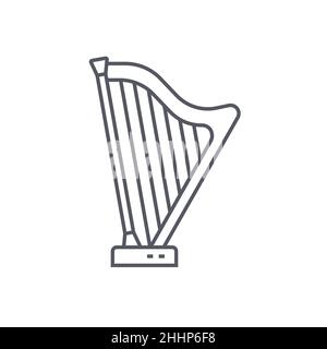 Harp – modernes Symbol im Stil einer schwarzen Linie auf weißem Hintergrund. Ordentlich detaillierte Bild von Saiteninstrument in großen Orchestern verwendet, philharmonic Soci Stock Vektor