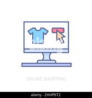 Online-Shopping - moderne farbige Linie Design-Stil-Symbol auf weißem Hintergrund. Ordentlich detaillierte Bild von Computer-Monitor und eine kommerzielle Website, wo yo Stock Vektor