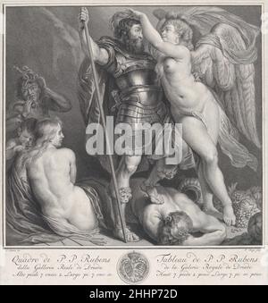 Held gekrönt von Victory, der einen Lorbeerkranz auf den Kopf legt, Venus und Amor links, Envy links im Hintergrund, Silenus am Boden, unter dem Fuß des Helden ca. 1735–61 Pieter Tanjé. Held gekrönt von Victory, der einen Lorbeerkranz auf den Kopf legt, Venus und Amor links, Envy links im Hintergrund, Silenus am Boden, unter dem Fuß des Helden. Pieter Tanjé (Niederländisch, Bolsward 1706–1761 Amsterdam). Ca. 1735–61. Gravur. Ausdrucke Stockfoto