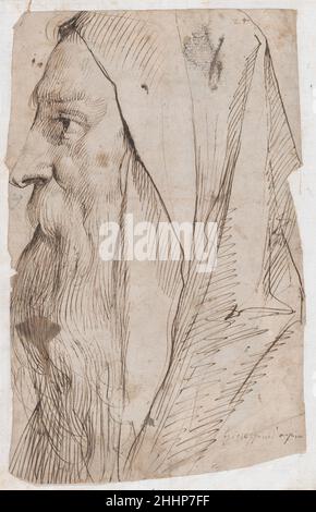 Kopf eines Bartmannes mit Kapuze in Profil nach links 1636–38 Cavaliere d'Arpino (Giuseppe Cesari) Italienisch Eine späte, sehr charakteristische und kraftvolle Kopfstudie des begabten Cavaliere d'Arpino, einem vollendeten Zeichner und letzten großen Exponenten des römischen Manierismus, Dieses Blatt ist eine Neuerung im seltenen Katalog der Federzeichnungen des Künstlers. Diese in großem Maßstab ausgeführte, ausdrucksstarke Kopfstudie eines bärtigen Mannes im Profil mit schwerer Kapuze wurde von Herwarth Röttgen (2002) als der Kopf eines römischen Priesters identifiziert, der rechts in Arpinos ‘Numa Pompilio, der den Kult des Vestal VI. Einführte, zu sehen war Stockfoto