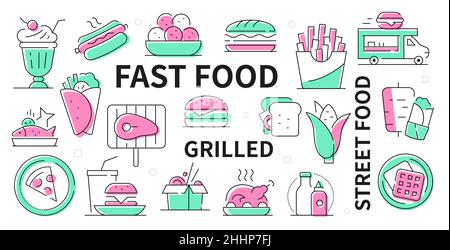 Fast Food - modernes Webbanner im flachen Design mit Linienelementen und Text. Bearbeitbare Kontur. Illustration mit frittierten Speisen, Hamburger, Fleisch, Fisch, mil Stock Vektor