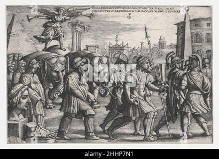 Der Triumph des Ruhmes auf der Keuschheit, aus den Triumphen von Petrarca Georg Pencz German. Der Triumph des Ruhmes über die Keuschheit, aus den Triumphen Petrarcas. Der Triumph von Petrarca. Georg Pencz (deutsch, Breslau, ca. 1500–1550 Leipzig). Gravur; dritter Zustand von vier (Landau). Ausdrucke Stockfoto