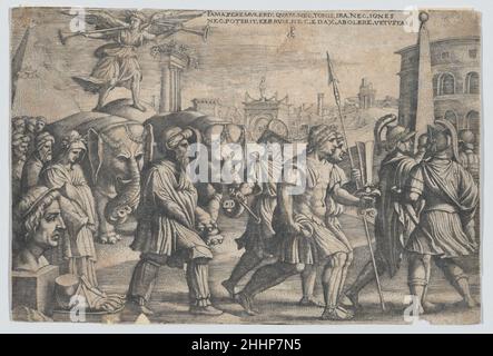 Der Triumph des Ruhmes auf der Keuschheit, aus den Triumphen von Petrarca Georg Pencz German. Der Triumph des Ruhmes über die Keuschheit, aus den Triumphen Petrarcas. Der Triumph von Petrarca. Georg Pencz (deutsch, Breslau, ca. 1500–1550 Leipzig). Gravur; dritter Zustand von vier (Landau). Ausdrucke Stockfoto