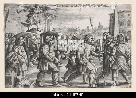 Der Triumph des Ruhmes auf der Keuschheit, aus den Triumphen von Petrarca Georg Pencz German. Der Triumph des Ruhmes über die Keuschheit, aus den Triumphen Petrarcas. Die Triumphs von Petrarca. Georg Pencz (deutsch, Breslau, ca. 1500–1550 Leipzig). Gravur; dritter Zustand von vier (Landau). Ausdrucke Stockfoto